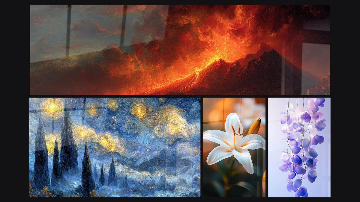 Mosaic of four paintings, including Apocalyptic Volcanic Eruption, Starry Night with Cypress and Lily Wall Art N°2