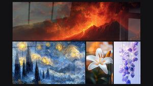 Mosaico de cuatro cuadros, entre ellos Erupción volcánica apocalíptica, Noche estrellada con ciprés y Lirio N°2
