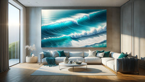 Grand tableau océanique aux tons bleus apaisants installé dans un intérieur moderne créant une atmosphère sereine