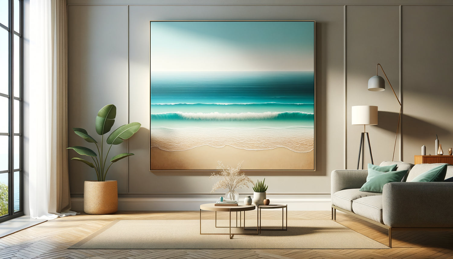 Tableau apaisant d'océan et plage aux tons bleus turquoise dans intérieur moderne créant atmosphère relaxante