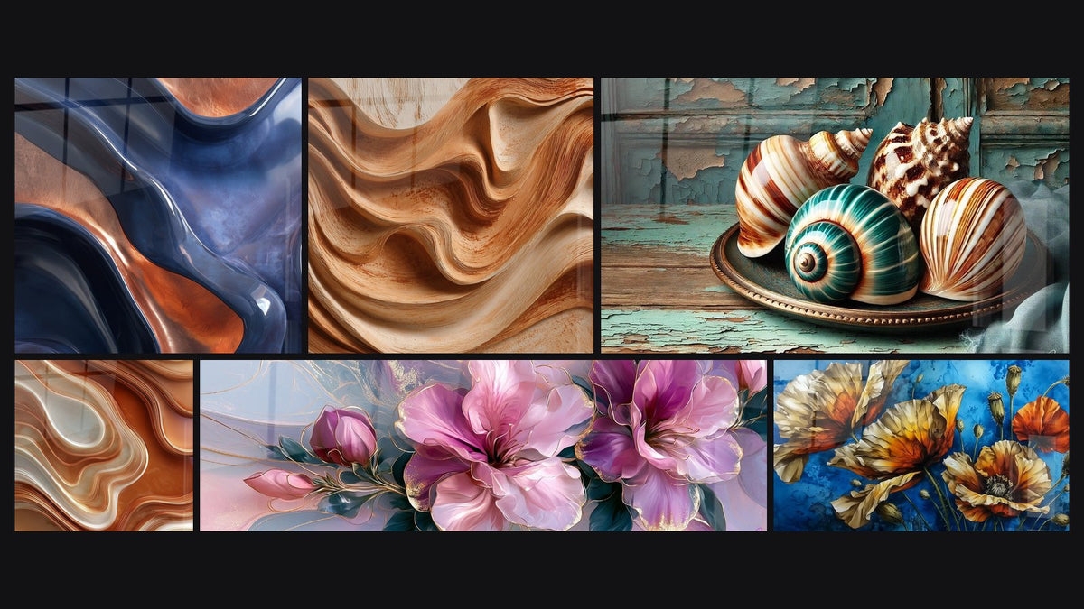 Mosaico di sei quadri, tra cui Onde fluide blu navy e rame, Onde Scolpite Ocre e Beige e Onde sinuose rame e bianco marmo