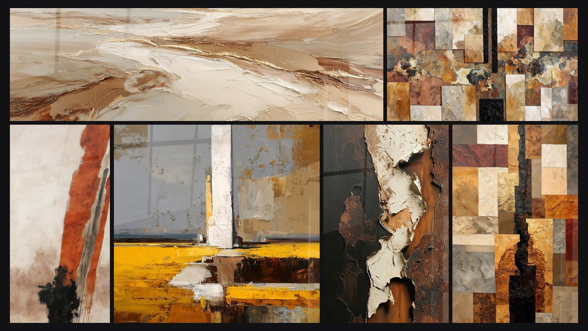 Mosaic of six paintings, including Abstract Golden and Ochre Flows