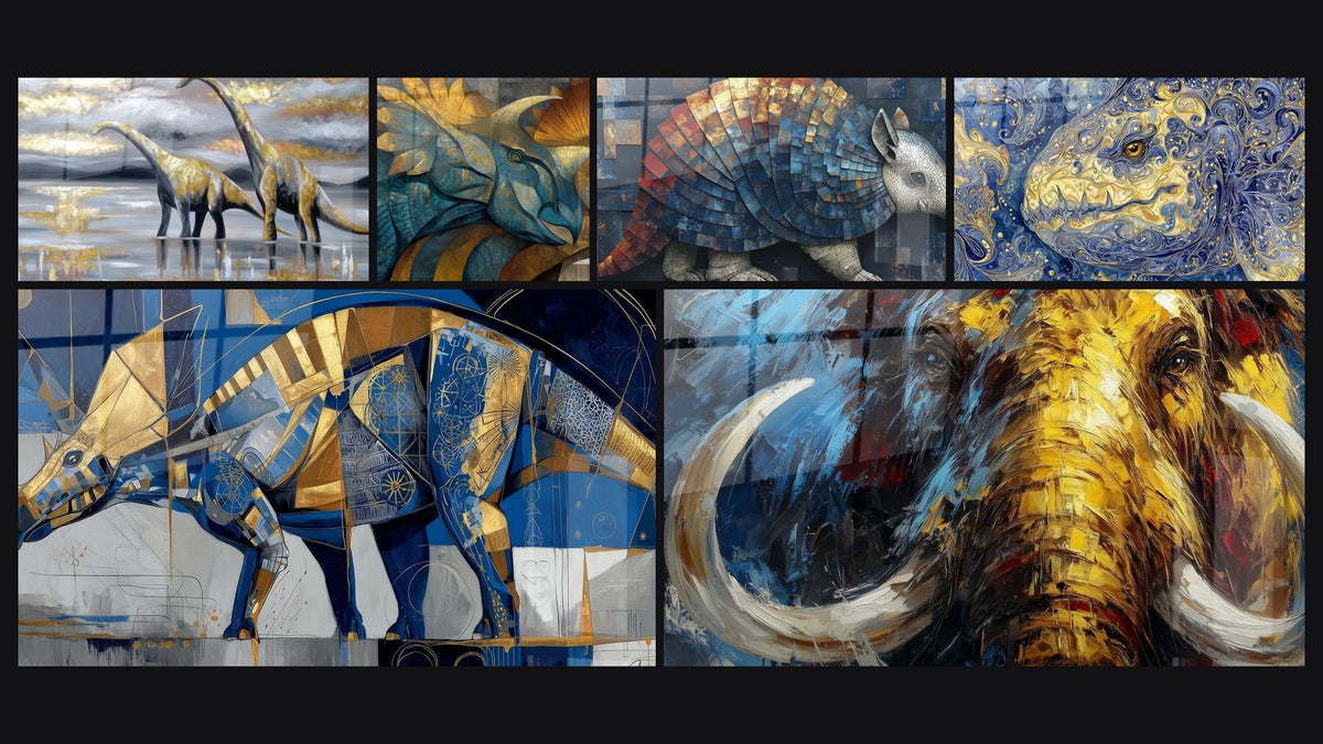 Mosaico di sei quadri, tra cui Diplodoco dorato di, Triceratopo Geometrico e Dunkleosteus ornamentale di