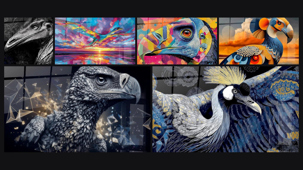 Mosaik aus sechs Gemälden, darunter Prähistorischer Vogel, Argentavis Futuristisches und Stilisierter Argentavis
