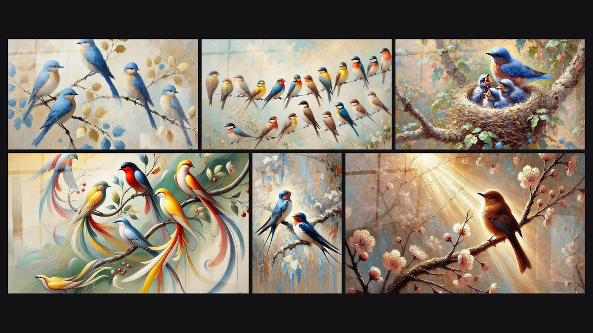 Mosaico de seis cuadros, entre ellos Descanso de las Alas, Explosiones de Plumas y Momento Suspendido