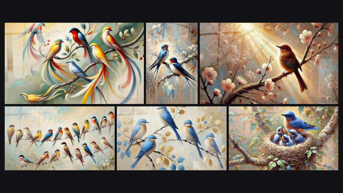 Mosaïque de six tableaux, dont Éclats de Plumes, Complices du Vent et Moment Suspendu