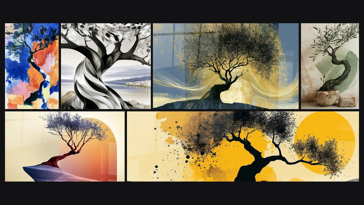 Mosaic of six paintings, including Olivier Tree Twisted Trunk Blue and Orange and Black Olive Tree Before a Golden Sun