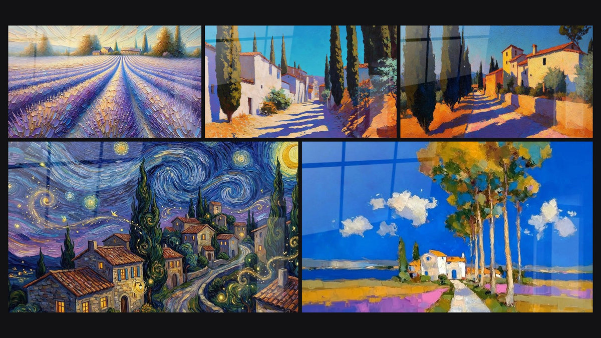 Mosaïque de cinq tableaux, dont Paysage Provençal, Village méditerranéen avec cyprès et Village Provençal