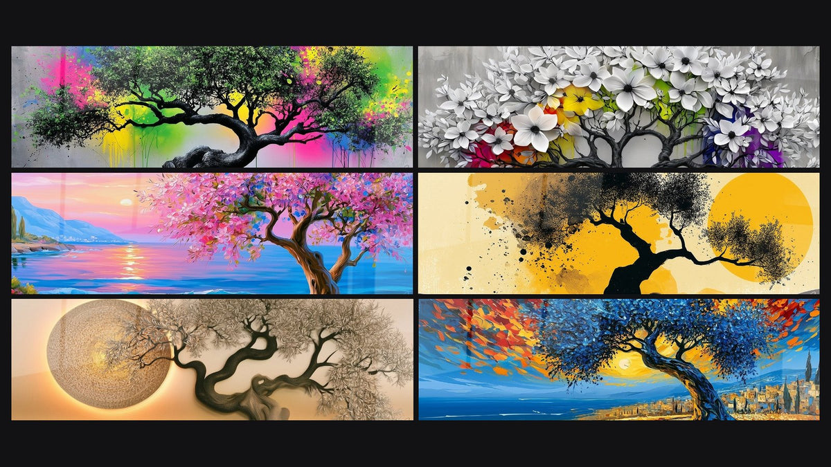 Mosaïque de six tableaux, dont Olivier fleuri blanc et arc-en-ciel et Olivier noir devant un soleil doré