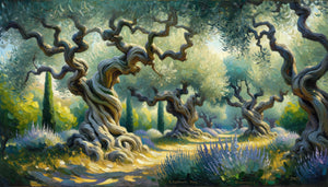 Peinture d'oliviers méditerranéens dans le style post-impressionniste de Van Gogh, touches expressives et palette apaisante