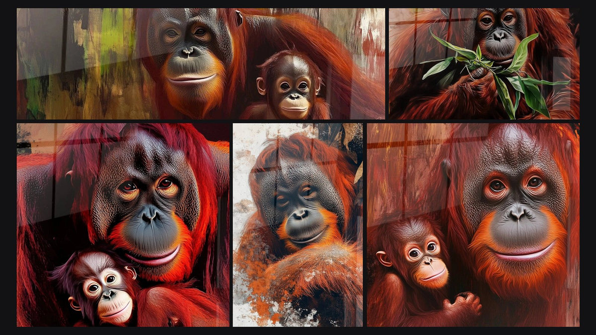 Mosaico de cinco cuadros, entre ellos Orangután Lazos eternos, Orangután Espíritu de la Canopia y Orangután Amor primigenio