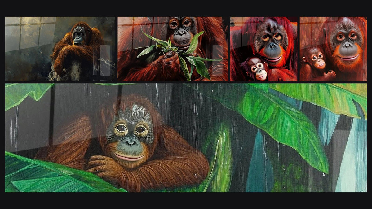 Mosaico de cinco cuadros, entre ellos Orangután N°2, Orangután Alma de los bosques y Orangután Espíritu de la Canopia