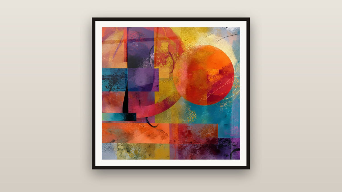 Framed painting on a wall: Orange circle and geometric shapes