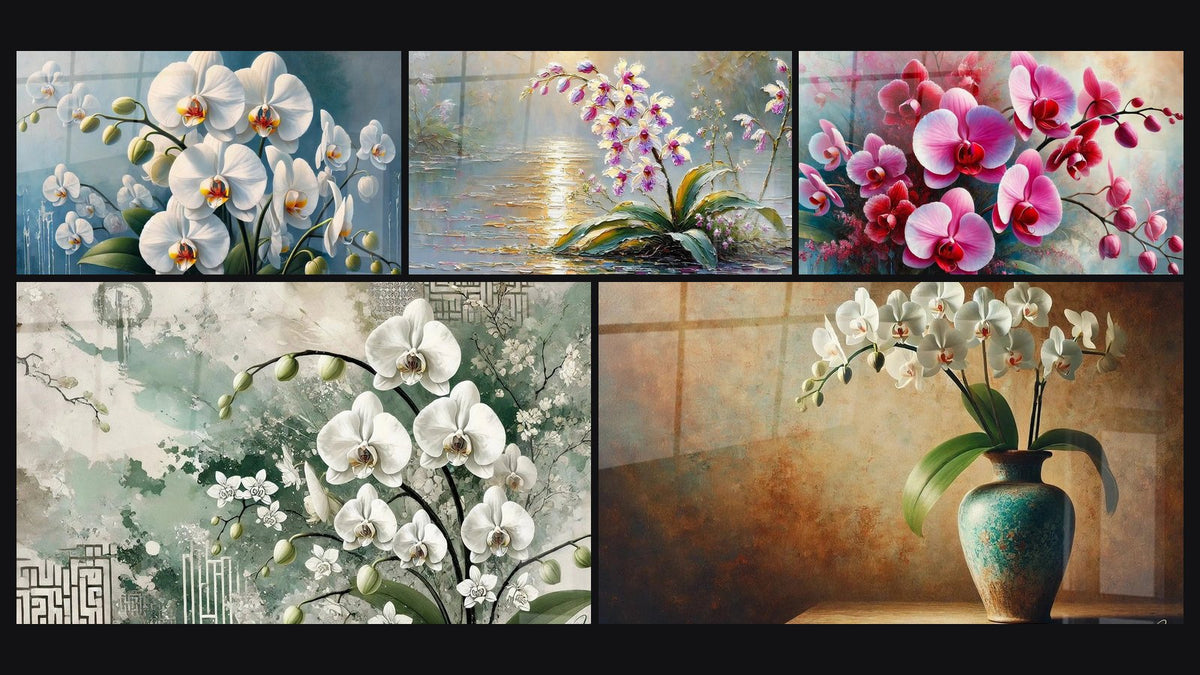 Mosaico di cinque quadri, tra cui Sbocciare in Blu, Orchidee al Tramonto e Orchidee Zen