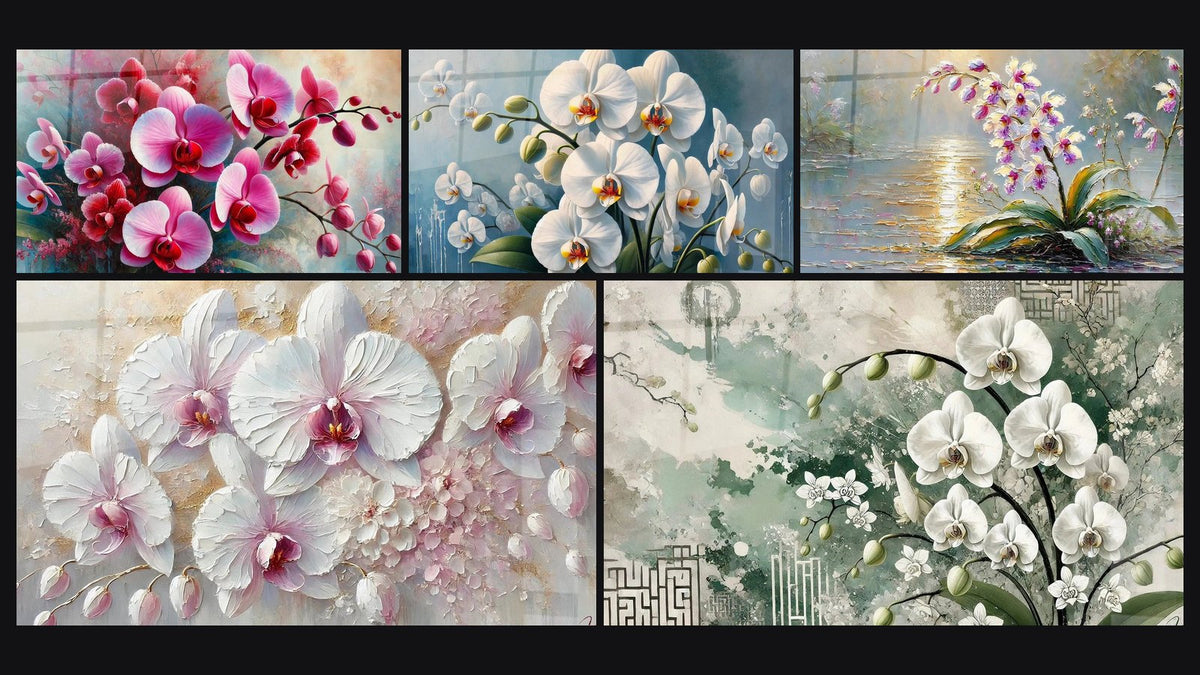 Mosaik aus fünf Gemälden, darunter Träumerei in Rosa, Blüte in Blau und Orchideen-Bild bei der Dämmerung