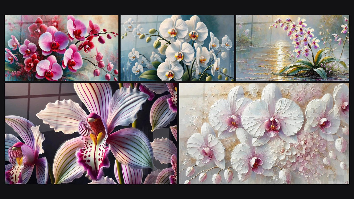 Mosaïque de cinq tableaux, dont Rêverie en Rose, Douceur du Soir et Nuance Pastel