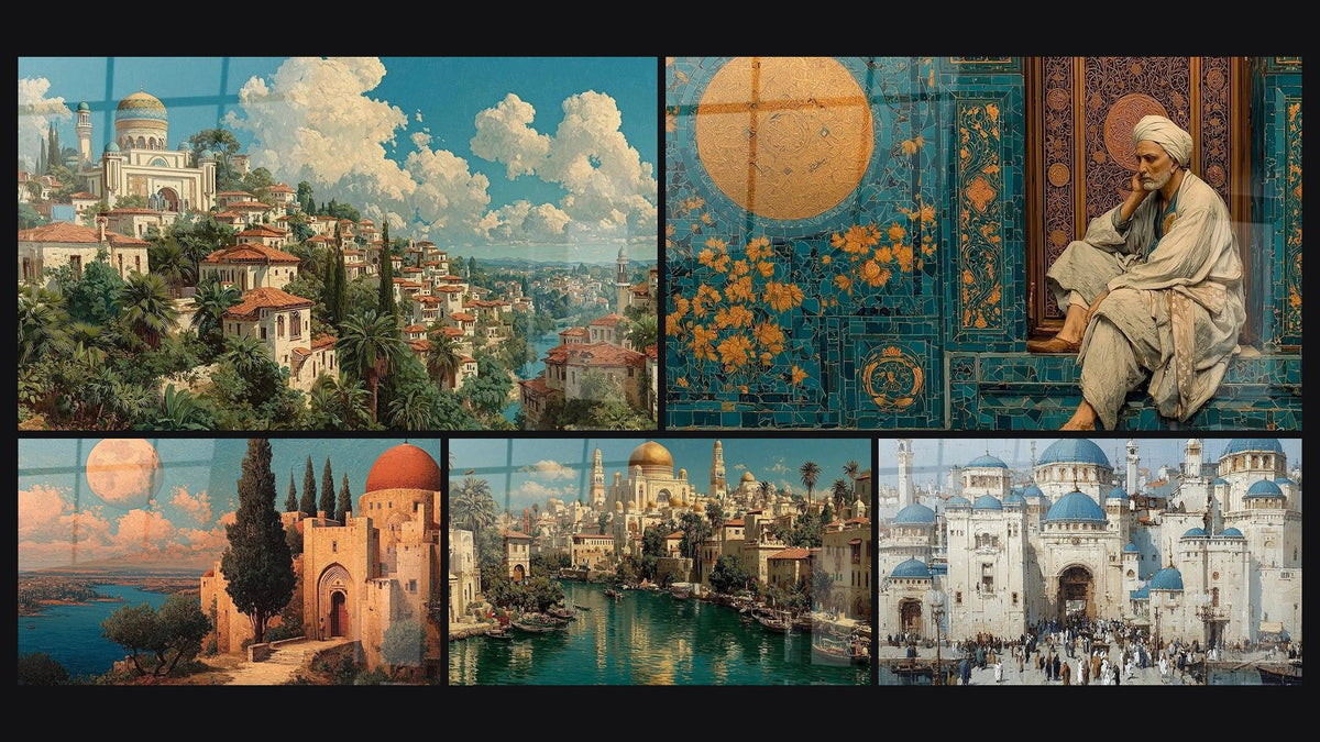 Mosaico di cinque quadri, tra cui Città Minareti Celestiali, Moschea con cupola rossa e Saggio Palais doré