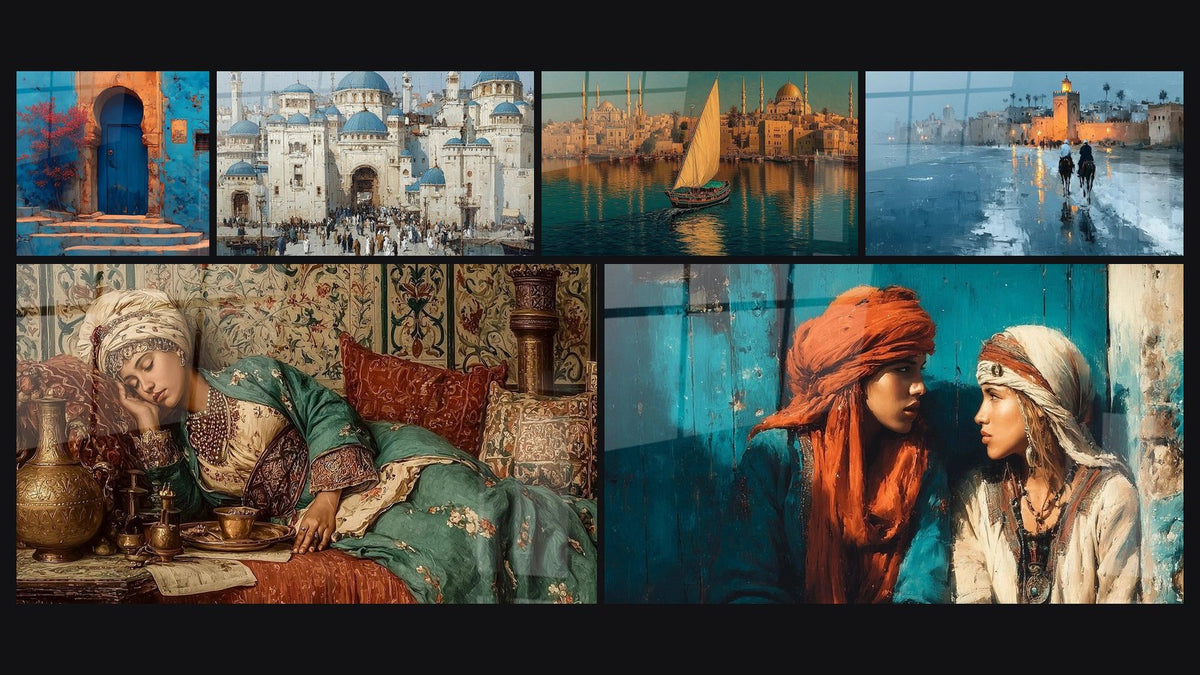 Mosaic of six paintings, including Secret Door, Andalusian Silk Woman and Mosque Turquoise Domes