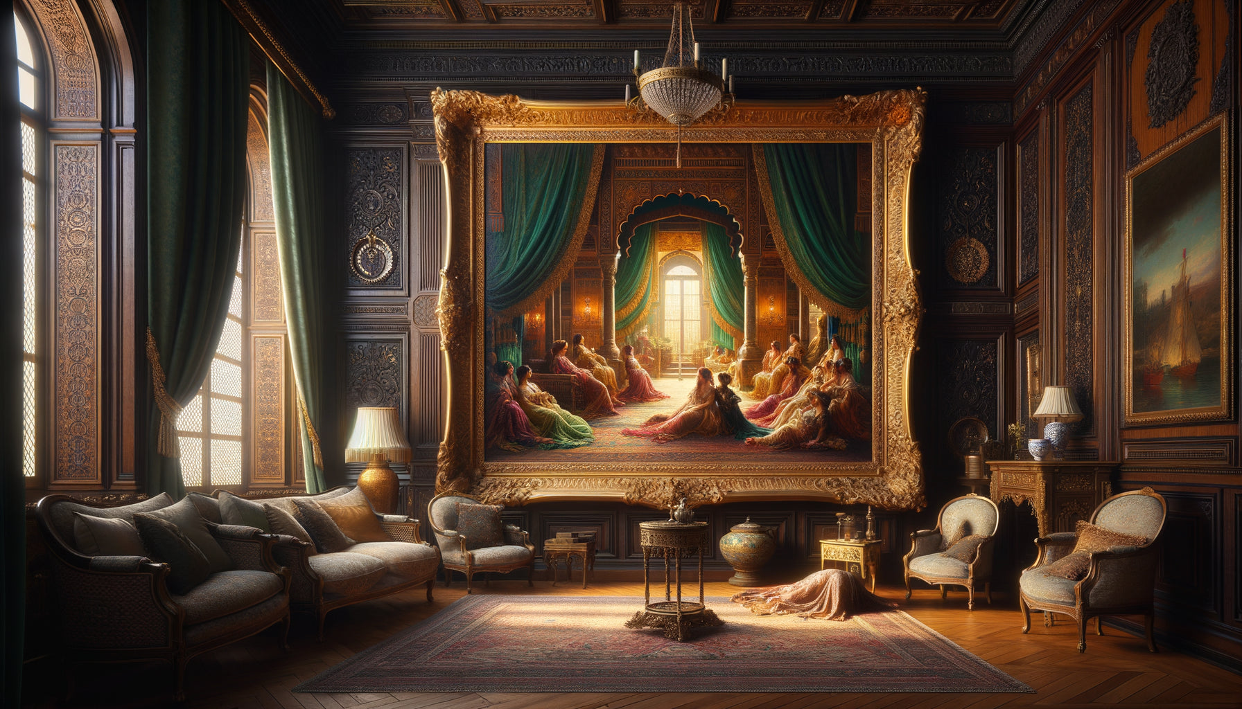 Tableau orientaliste du XIXe siècle dans un salon bourgeois, scène de harem exotique, cadre doré, style Jean-Léon Gérôme