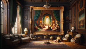 Tableau orientaliste du XIXe siècle dans un salon bourgeois, scène de harem exotique, cadre doré, style Jean-Léon Gérôme