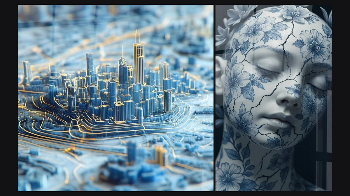 Deux tableaux côte à côte : Ville Rêve d'acier bleu et Beauté Fêlée -Édition Style Porcelaine