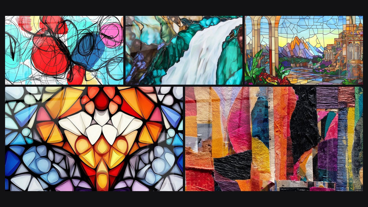 Mosaïque de cinq tableaux, dont Abstrait coloré, Flot Cristallin et Motif floral géométrique