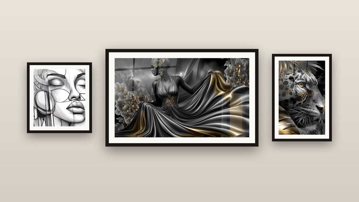 Mur de galerie avec trois tableaux encadrés : Visage Féminin, Femme élégante et Léopard Majestueux