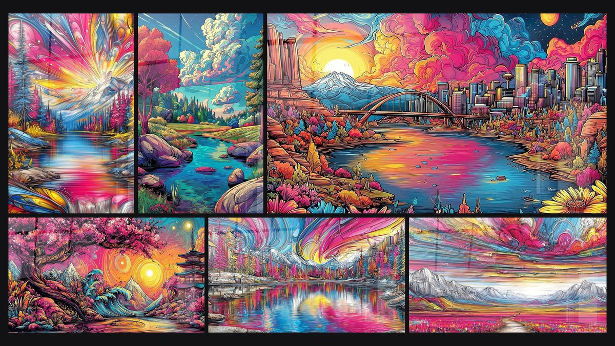 Mosaïque de six tableaux, dont Paysage fantastique, Paysage fantastique rivière et Paysage japonais cerisiers