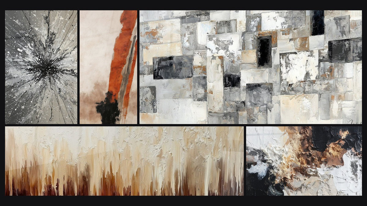 Mosaïque de cinq tableaux, dont Abstrait Mosaïque Grise et Beige et Abstrait texturé blanc noir bronze