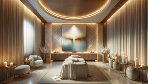 Salle de soin de spa haut de gamme avec tableau original contemporain aux tons apaisants comme élément central de décoration premium