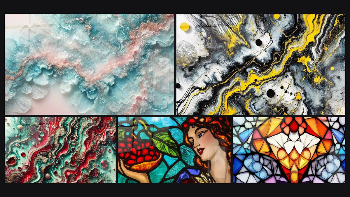 Mosaic of five paintings, including Dew Sparkle, Emerald Fusion and Divine Pomegranate