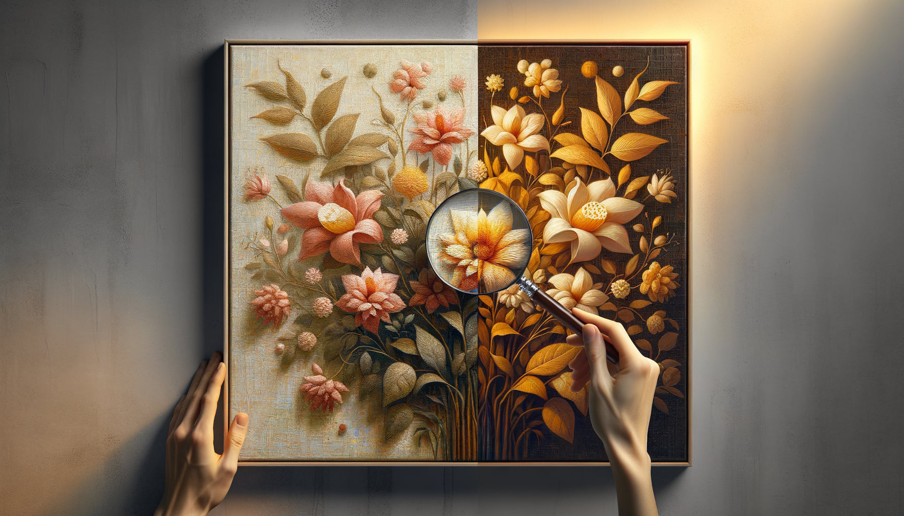 Comparaison photographique entre tableau original avec texture visible et reproduction de qualité imprimée