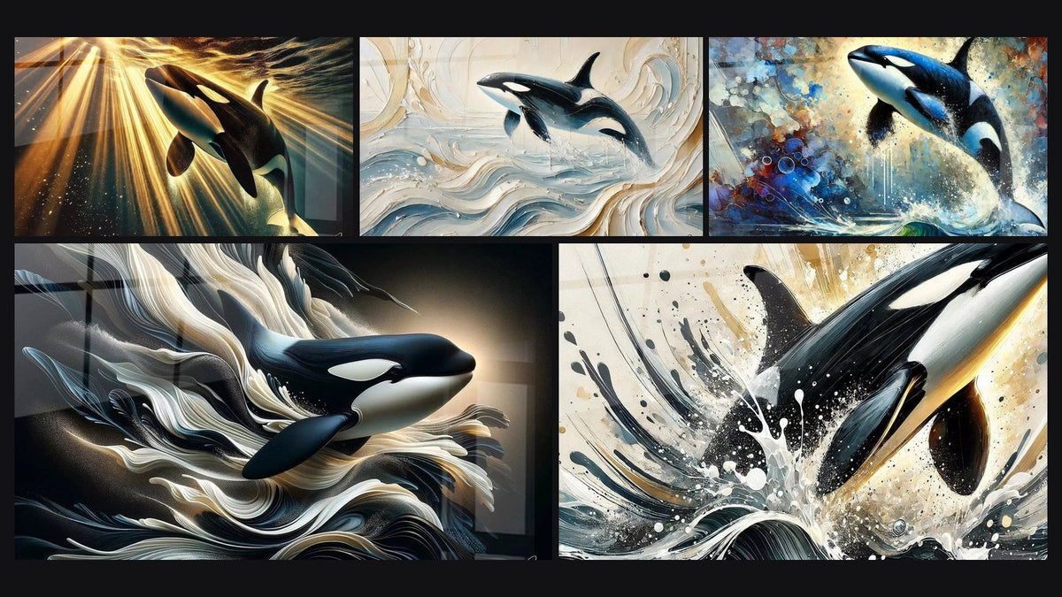 Mosaico di cinque quadri, tra cui Fluido e Luminoso, Coreografia Marina e Orca Stellare