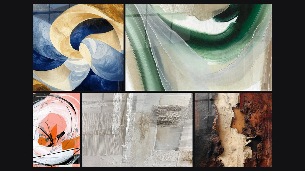 Mosaïque de cinq tableaux, dont Souffle Divin Blanc, Soie d'Émeraude et Spirale blanche et corail aux traits noirs