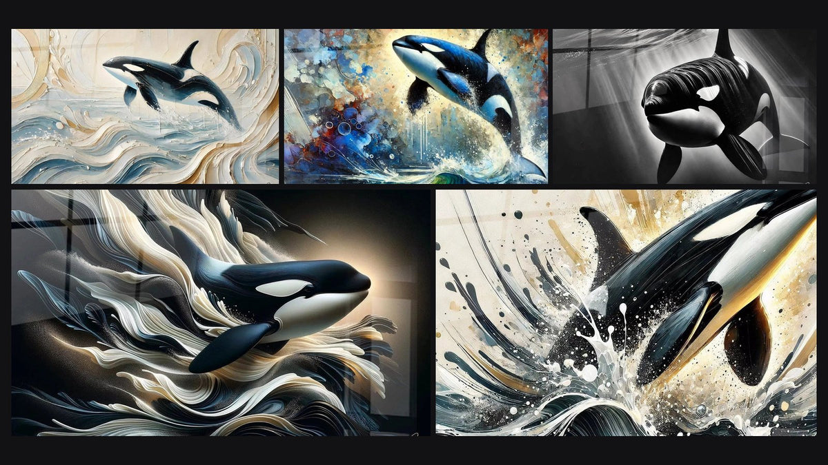 Mosaïque de cinq tableaux, dont Chorégraphie Marine, Orque Stellaire et L'Orque des Abysses