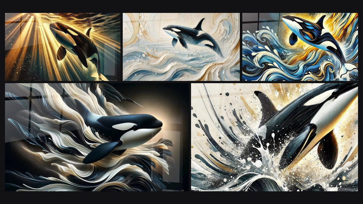 Mosaic of five paintings, including Fluid and Luminous, Marine Choreography and Traveler of the Mists
