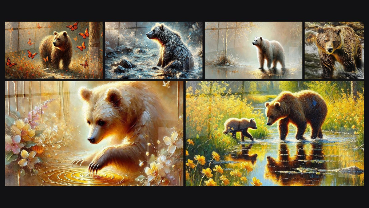 Mosaïque de six tableaux, dont Éveil dans la Forêt, Dans les Courants et Gardien des Reflets