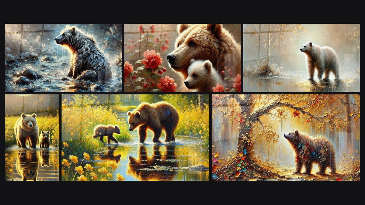 Mosaïque de six tableaux, dont Dans les Courants, Doux Refuge et L'Âme du Bois