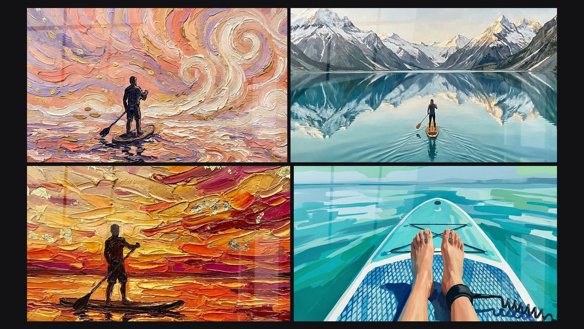 Mosaico de cuatro cuadros, entre ellos Silueta Pagayador Atardecer Dorado