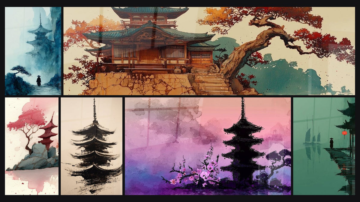 Mosaïque de six tableaux, dont Pagode Mystique dans la Brume Bleue et Pagode Noire à l'Encre sur Fond Beige