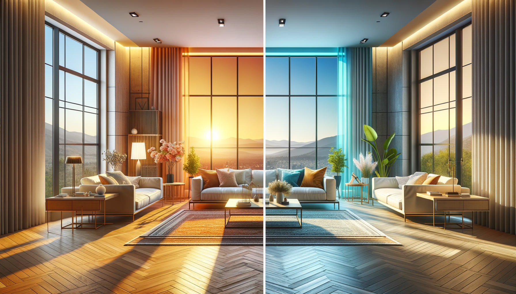 Comparaison intérieur avec tableau palette chaude lumière froide versus tableau palette froide lumière chaude selon orientation appartement