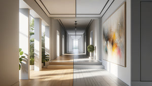 Couloir neutre contemporain montrant la comparaison entre tableau à palette limitée et œuvre multicolore vibrante