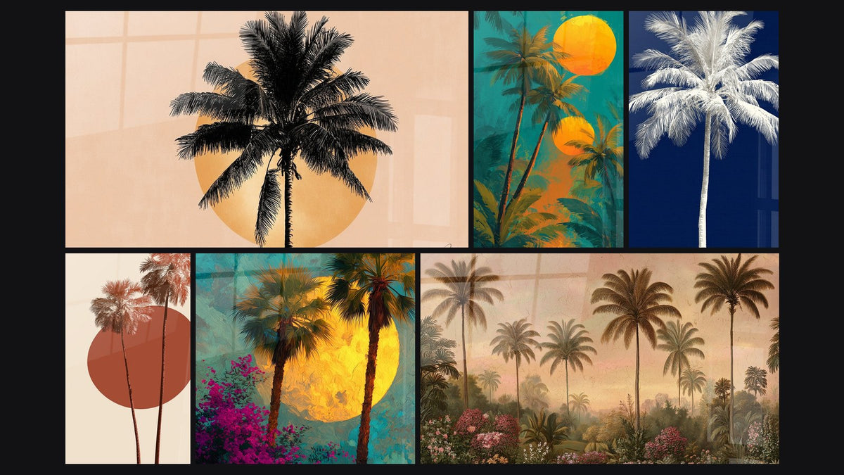 Mosaïque de six tableaux, dont Palmier noir sur soleil doré et Palmiers sous deux soleils dorés
