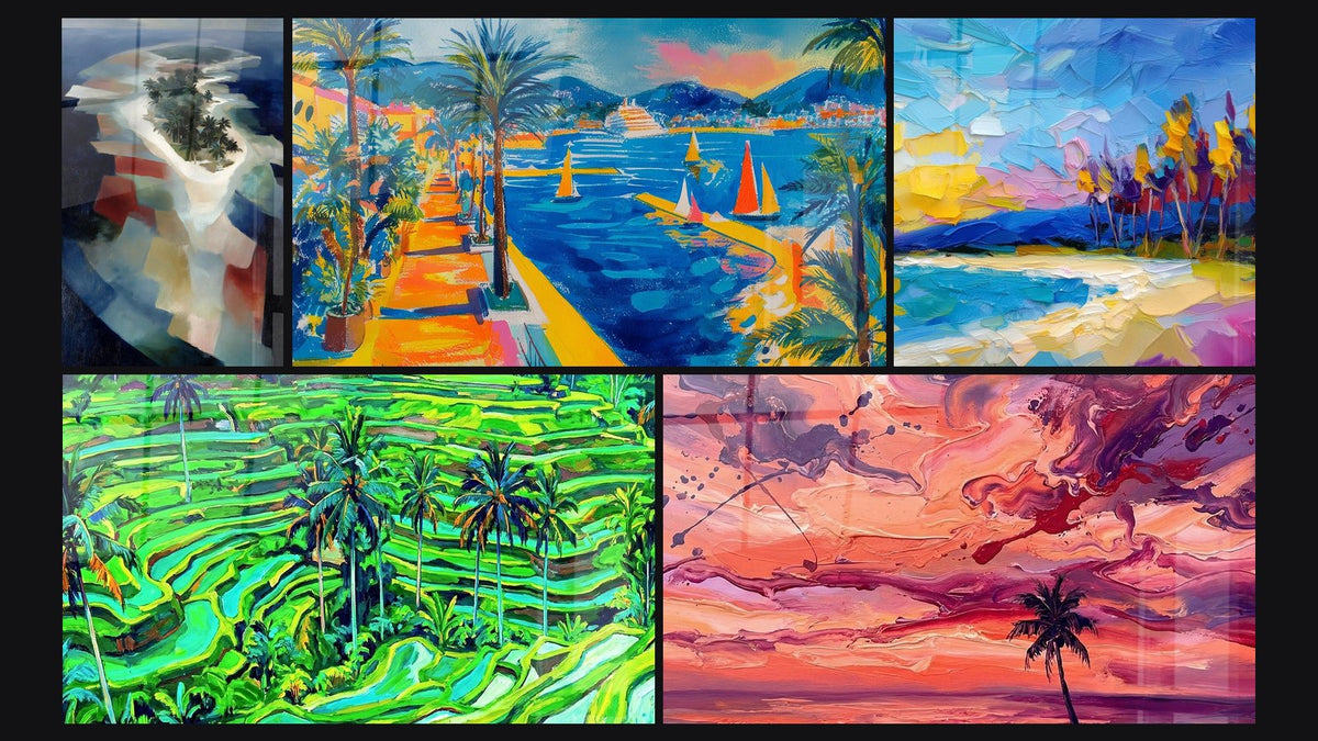 Mosaïque de cinq tableaux, dont Île tropicale palmiers et Rizières en Terrasses Vertes avec Palmiers