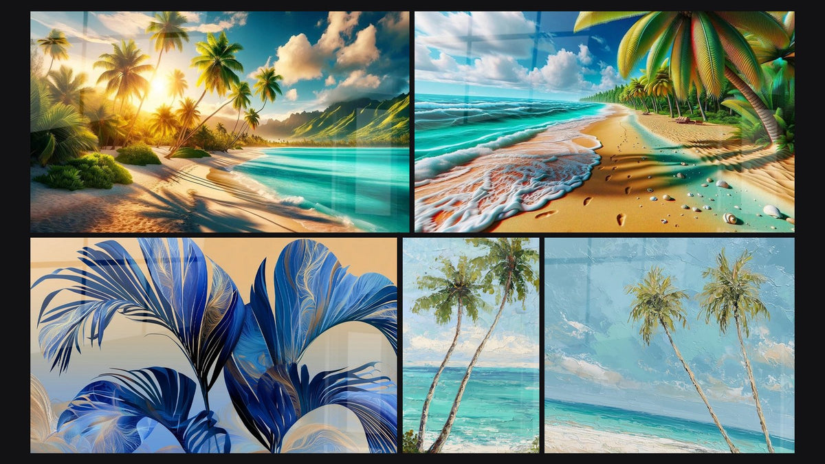 Mosaico di cinque quadri, tra cui Risveglio delle Palme a Beira Mare e Serenata delle Palme in Riva al Mare
