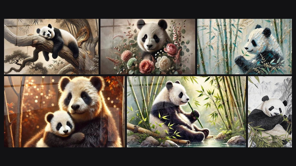 Mosaic of six paintings, including Tranquility in the Forest, The Taste of Silence and The Panda's Garden