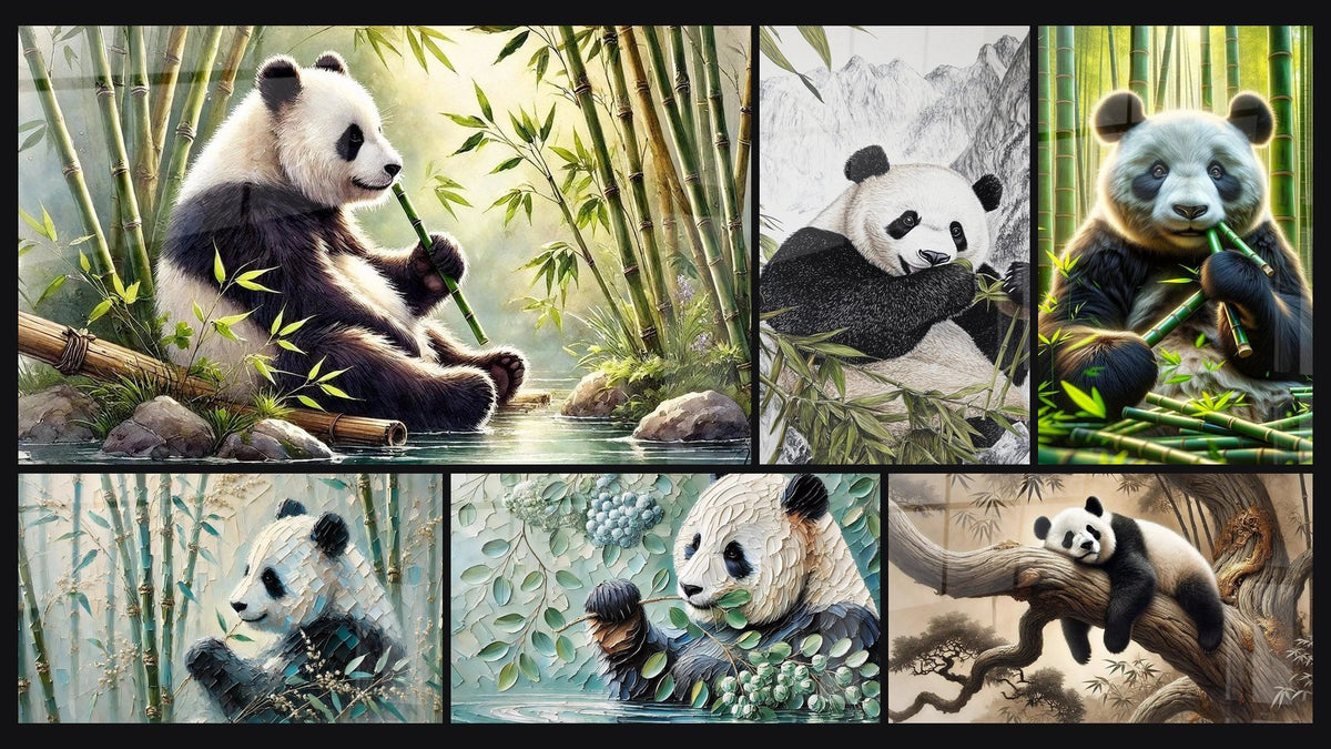 Mosaïque de six tableaux, dont Bambous et Sérénité, Le Jardin du Panda et Reflet de Sérénité