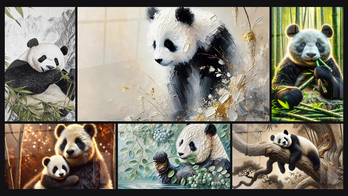 Mosaïque de six tableaux, dont Panda Sage des hauteurs, Moments Précieux et Petite Merveille