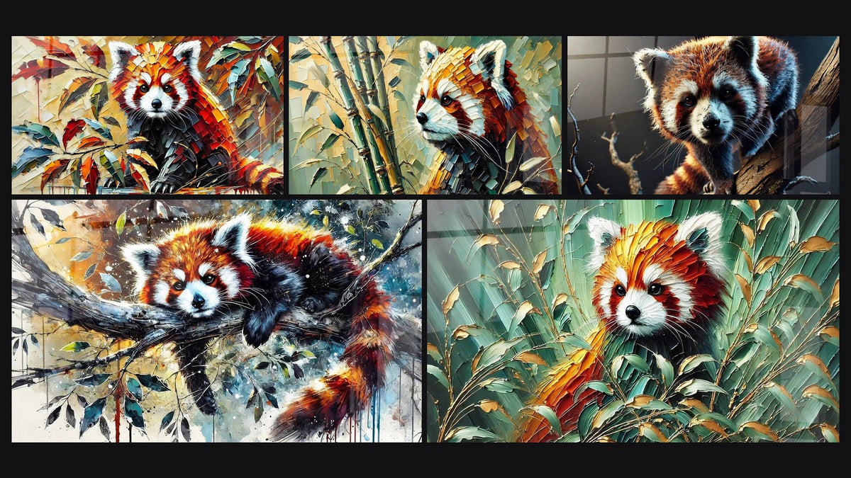 Mosaïque de cinq tableaux, dont Tranquillité Écarlate, Rêverie dans la Verdure et Solitude d'Hiver