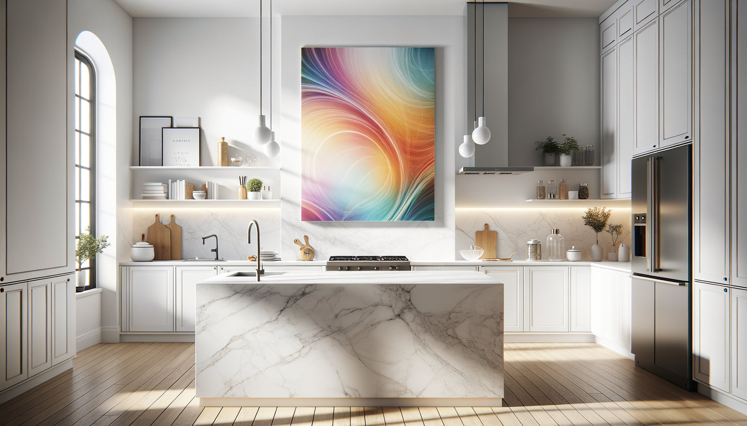 Tableau moderne sur panneau Forex léger installé dans cuisine contemporaine blanche et lumineuse